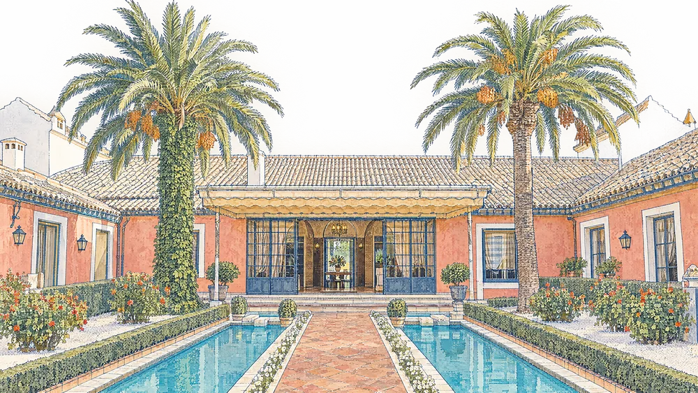 Illustration of the hacienda courtyard with palm trees and pools